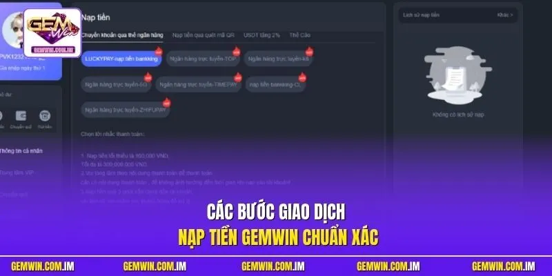 Các bước giao dịch nạp tiền Gemwin chuẩn xác